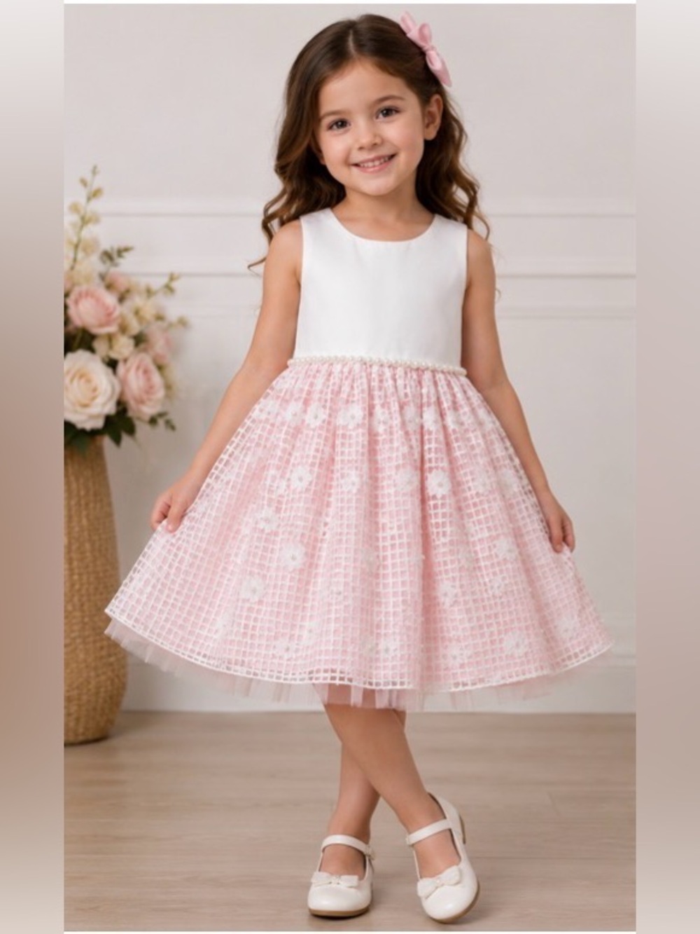 American Princess Girls' Sleeveless White Bodice Pink Floral Tulle Dress